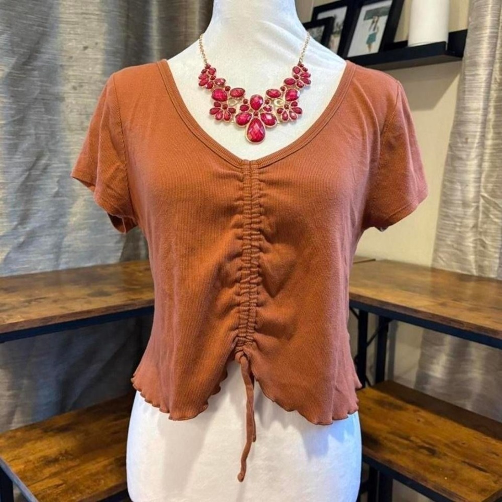 aeropostale rust orange short sleeve tie top with ruffle hem